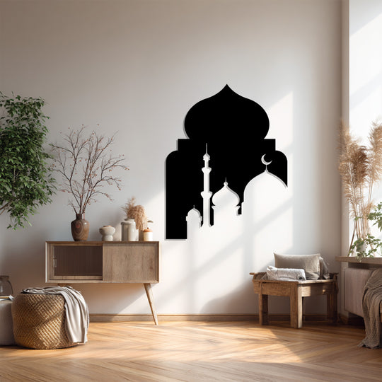 Contrasting light and shadow define the decorative metal art silhouette of the Sacred Mosque arch, a minimal Islamic decor casting intriguing patterns on the wall.
