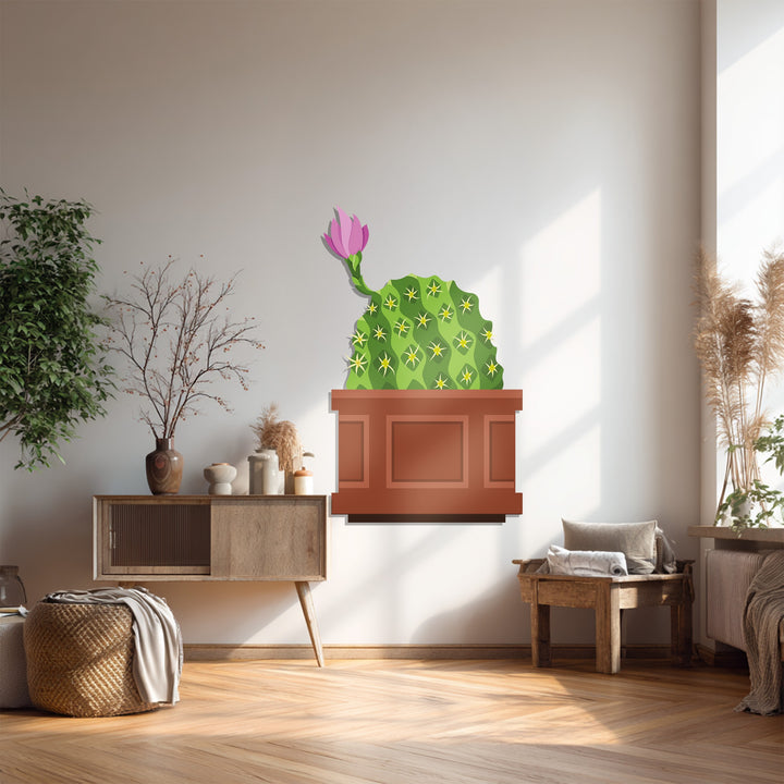 The stillness captured in this botanical metal art for wall depicts a blooming pink cactus, bringing an element of desert calm to the room's decor.