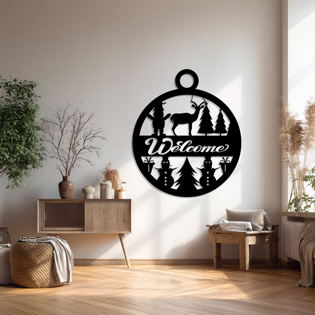 ترحيب احتفالي – غزال عيد الميلاد ورجل الثلج فن جداري معدني