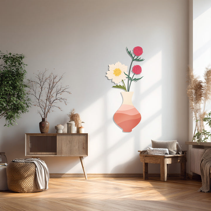 Alternating heights of plants and décor create a calming visual rhythm along the credenza, complemented by the soft bloom vase metal art for wall.