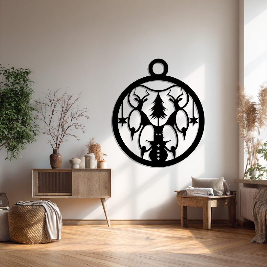 تناغم الشتاء – عيد الميلاد مع الرنة ورجل الثلج فن جداري معدني