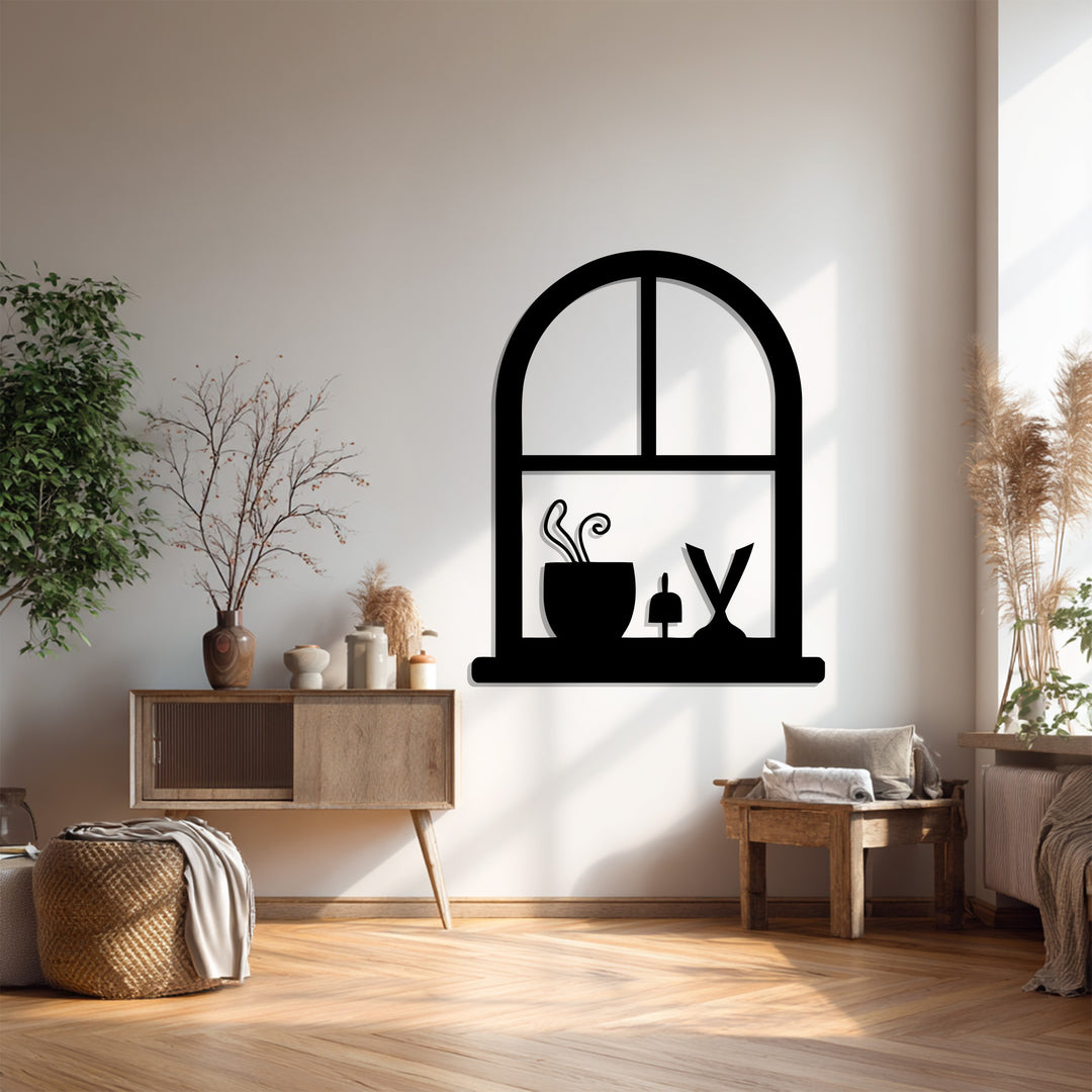 Arched Window Frame with Potted Plant – Minimalist Metal Wall Art Decor