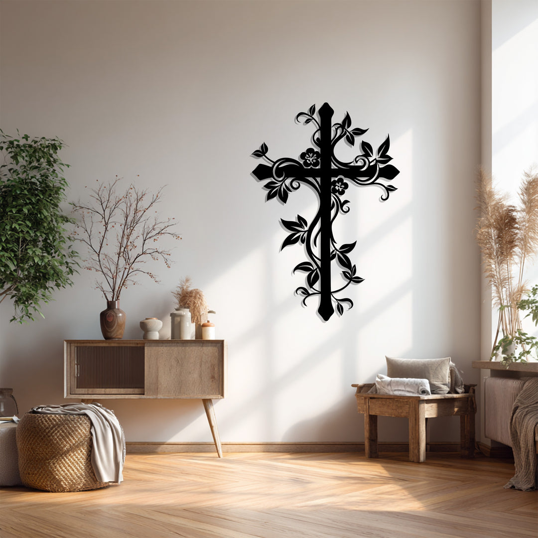 Floral Grace Cross – Elegant Christian Metal Wall Art for Home Décor