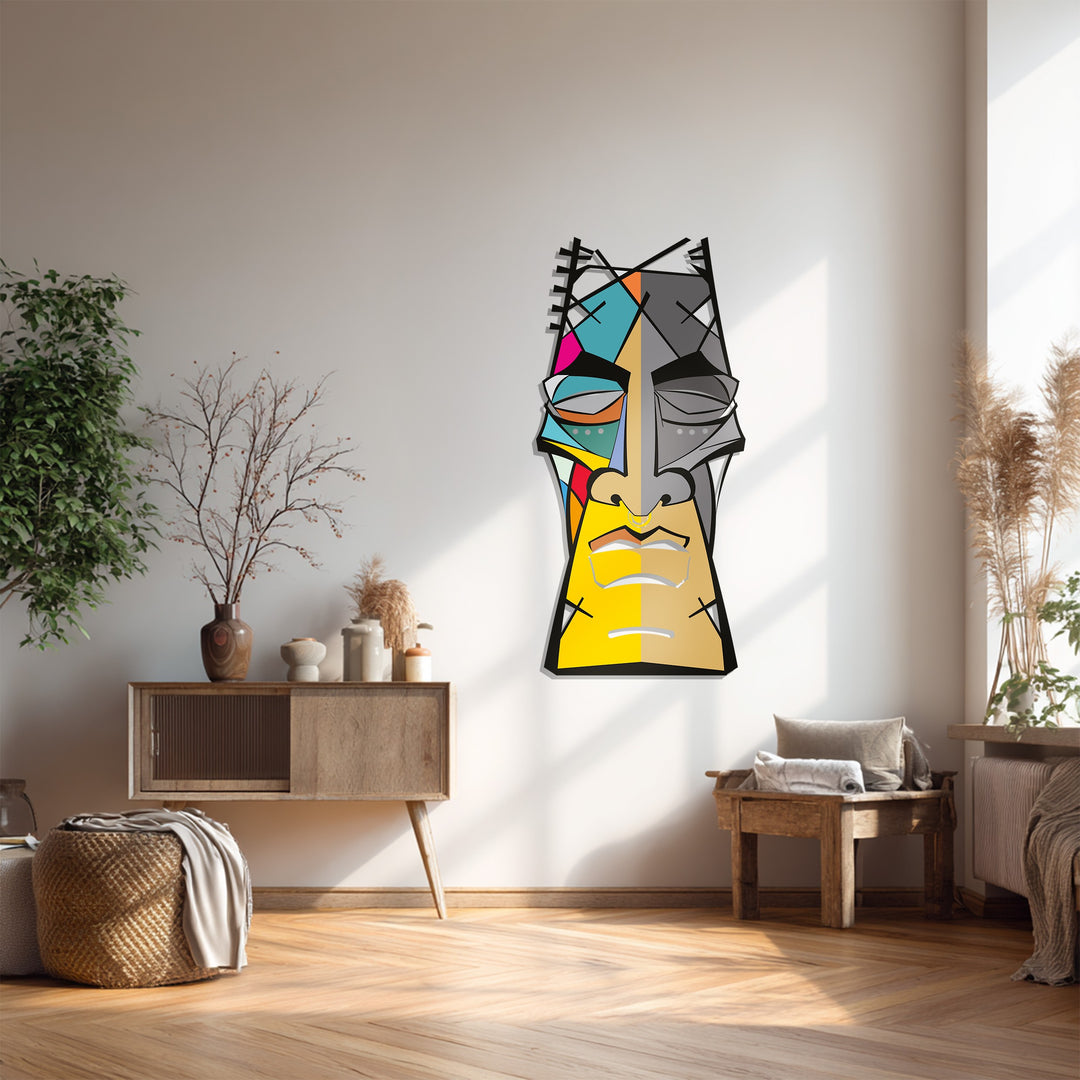 Abstract Tribal Face Metal Wall Art – Colorful Modern Geometric Decor