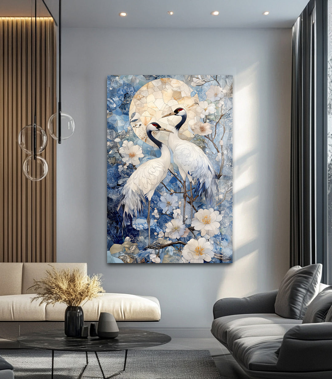 Moonlit Cranes – Elegant Nature Scene Glass Wall Art