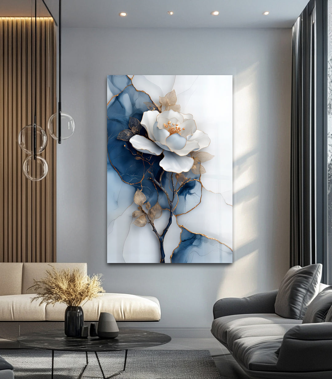 Golden Midnight Bloom – White Flower on Navy Marble Glass Wall Art