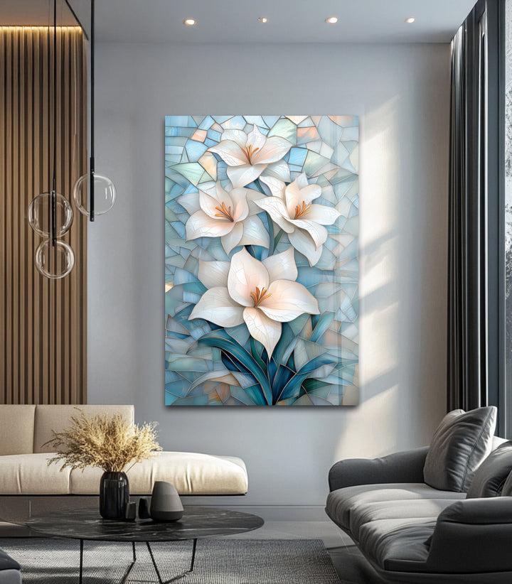 Ivory Radiance – White Lily Mosaic Glass Wall Art