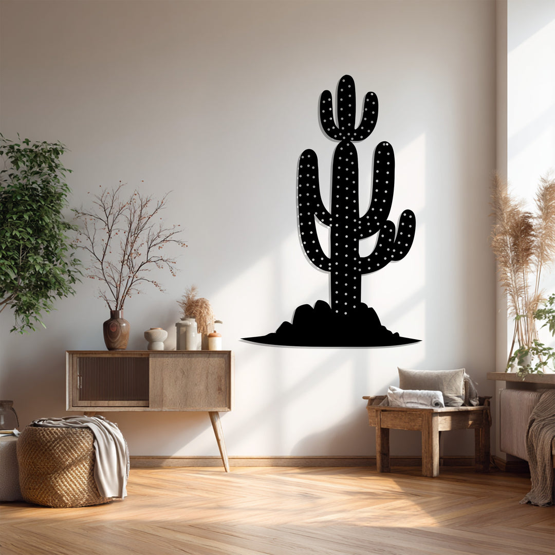 Captured is the stillness in a room with saguaro cactus metal art for wall, a modern wall decor accentuating desert landscape aesthetics with sharp, defined shadows.