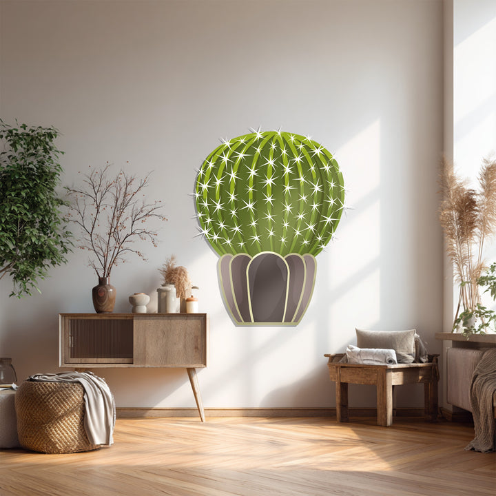 Oversized cactus drawing creates the loudest element in this room with its cartoonish desert prickly sphere cactus, a fun example of modern metal art for wall decor.