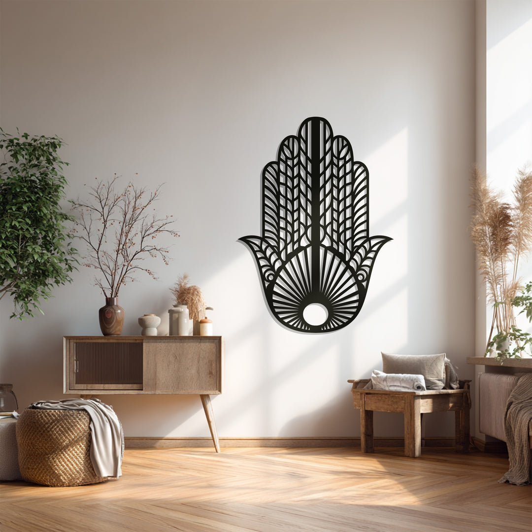 Hamsa Hand Metal Wall Art – Black Symbolic Wall Sculpture
