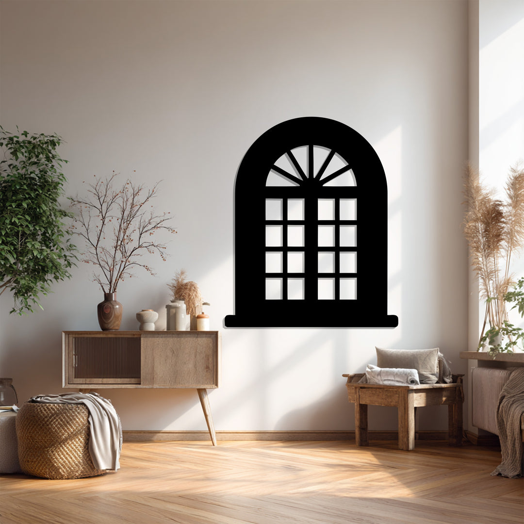Classic Arched Window – Geometric Grid Metal Wall Art