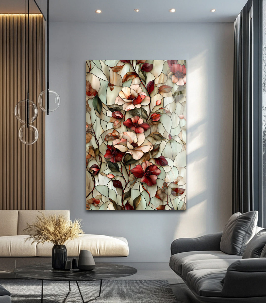 Crimson Bloom Harmony – Stained Floral Glass Wall Art