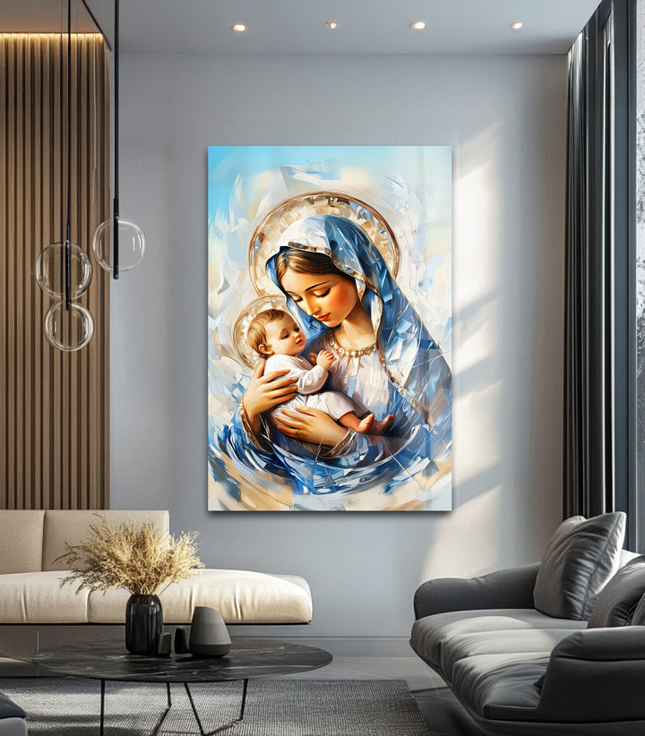 Divine Embrace – Virgin Mary and Child Jesus Glass Wall Art