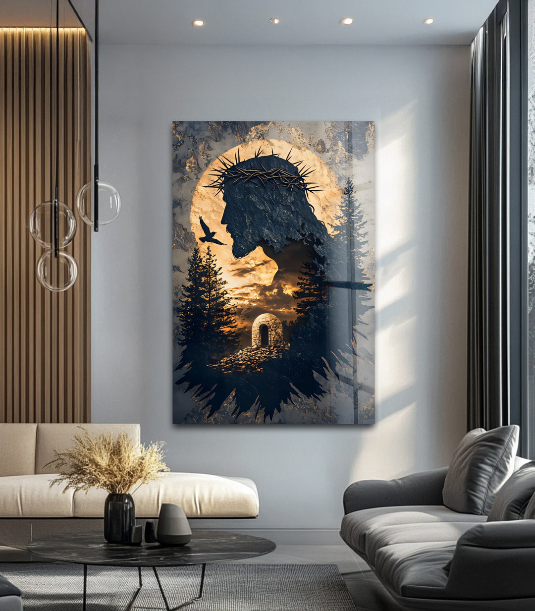 He Is Risen – Silhouette of Christ with Resurrection Tomb Glass Wall Art