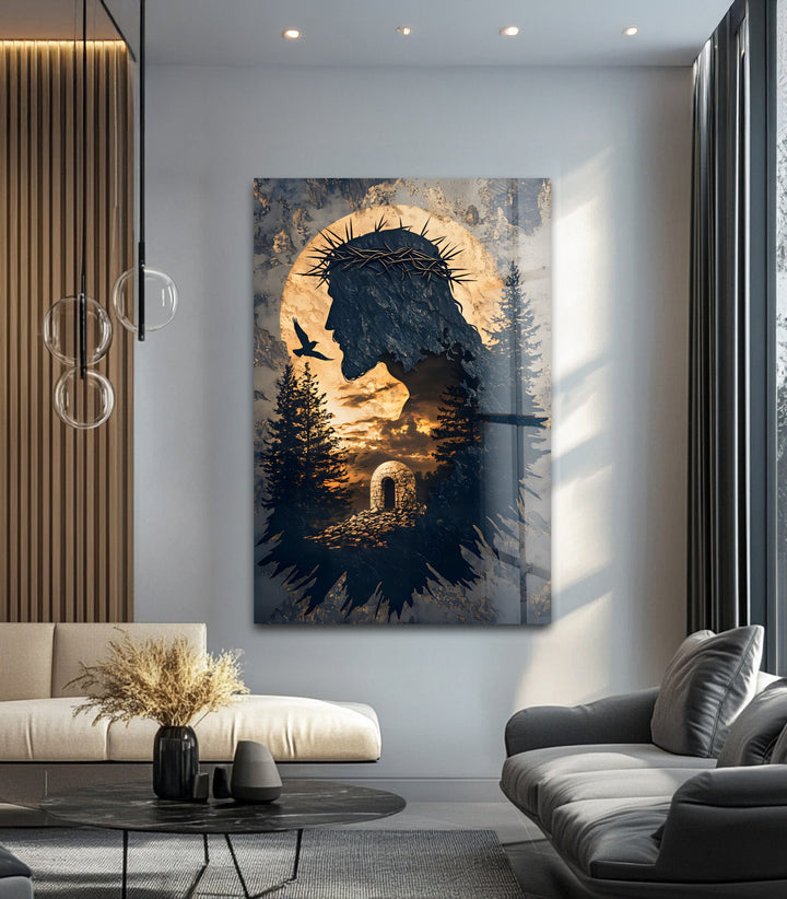 He Is Risen – Silhouette of Christ with Resurrection Tomb Glass Wall Art