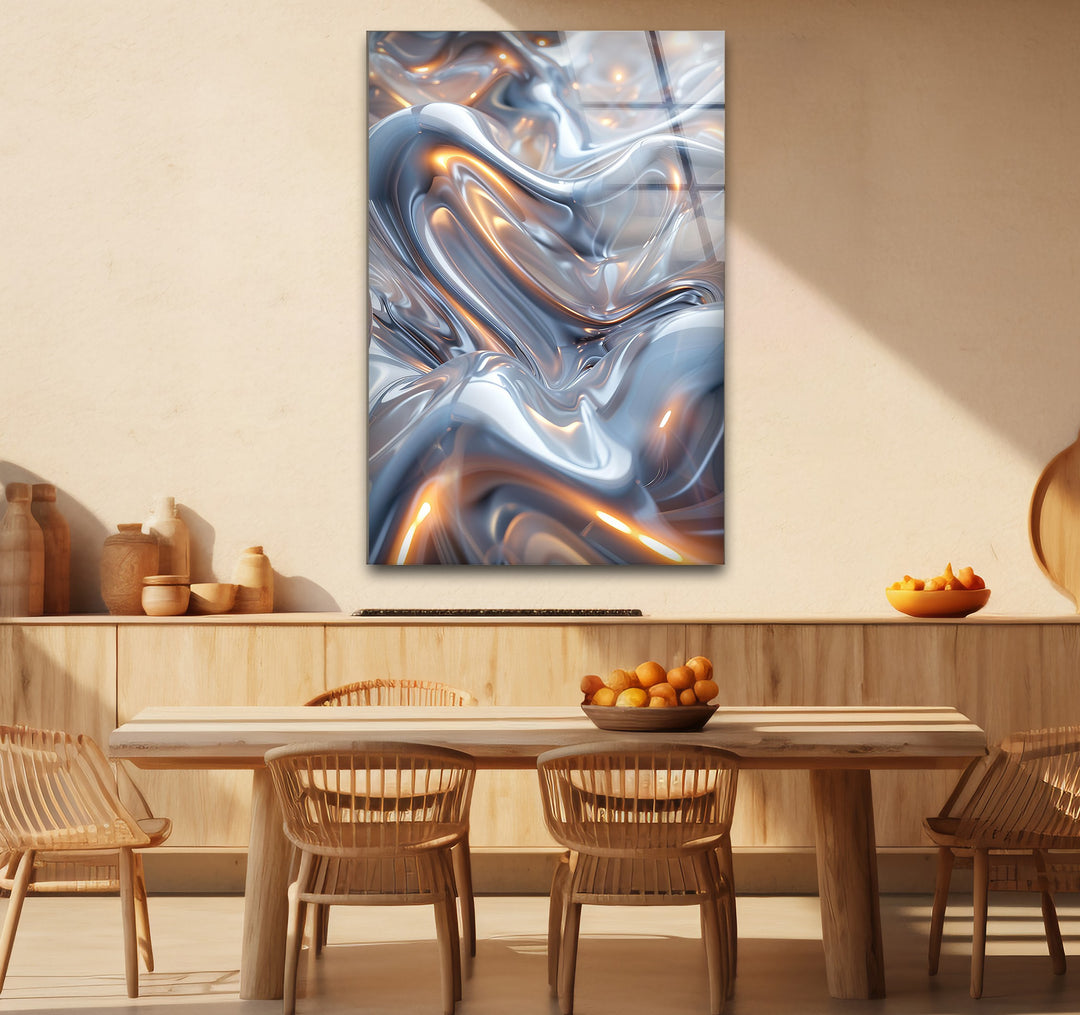 Ethereal Silver Glow – Abstract Fluid Metal Design Glass Wall Art