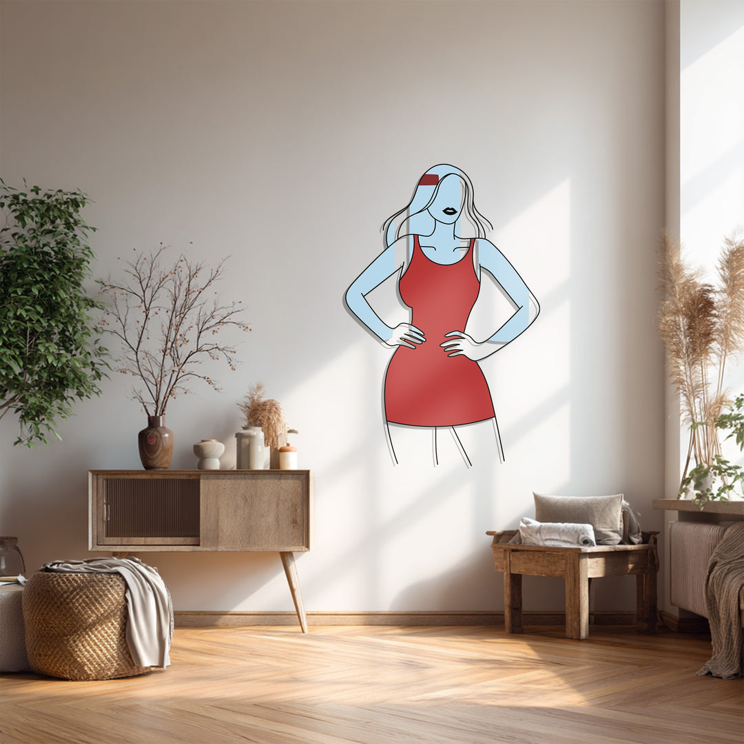 Elegant Woman in Red Dress Metal Wall Art – Modern Minimalist Home Decor