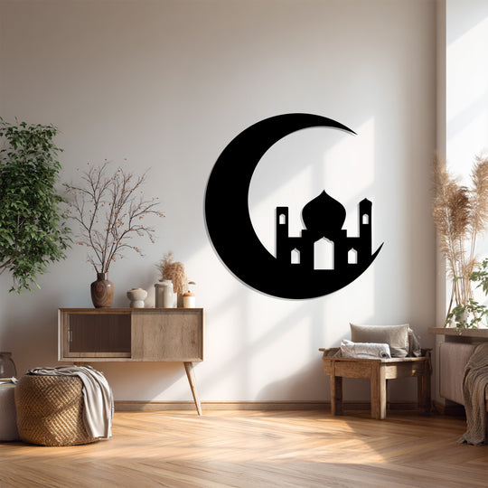 Highlighting the abstract quality, the crescent moon metal wall art presents a unique decoration wall art silhouette of a mosque, offering a modern geometric expression.