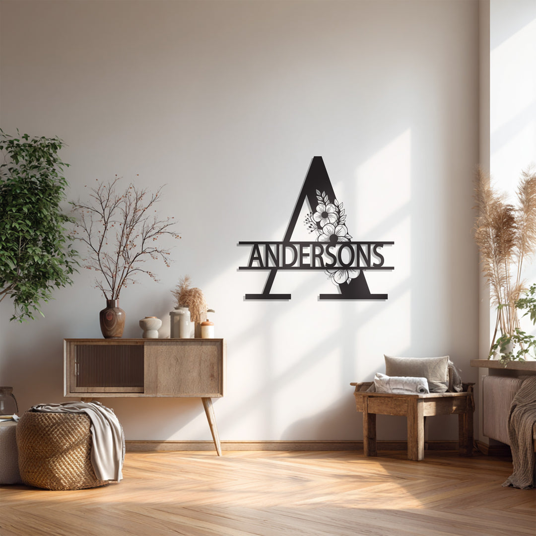 Floral Family Name Metal Wall Art – Custom Monogram Sign