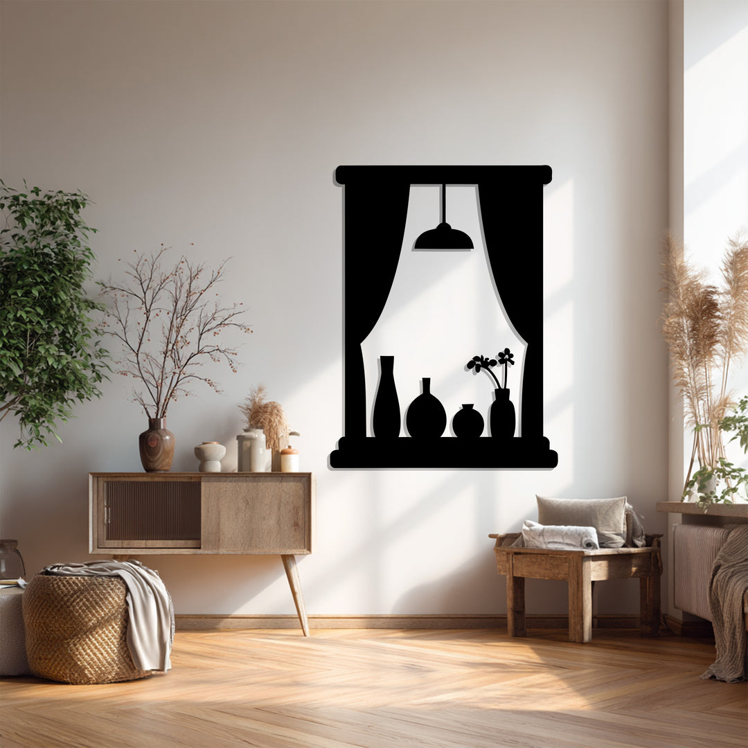 Window Scene with Vases and Lamp – Modern Metal Wall Art Decor