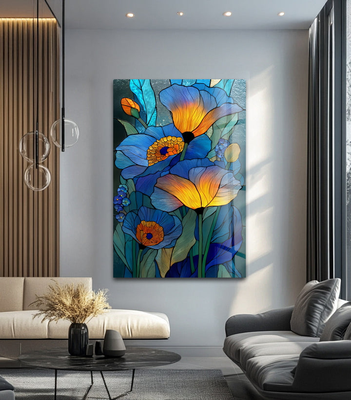 Blue Radiance Blooms – Stained Glass Flower Glass Wall Art