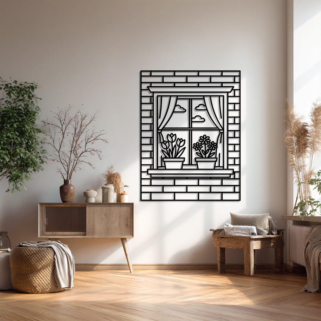 Floral Window Scene – Decorative Metal Wall Art with Curtains & Flowers