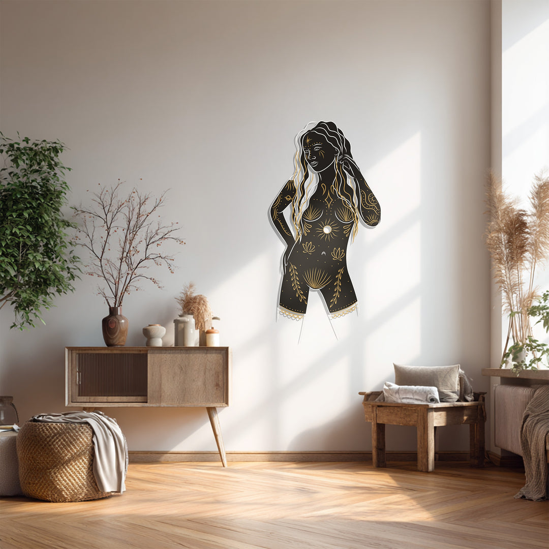 Celestial Goddess Metal Wall Art – Black and Gold Feminine Silhouette Decor