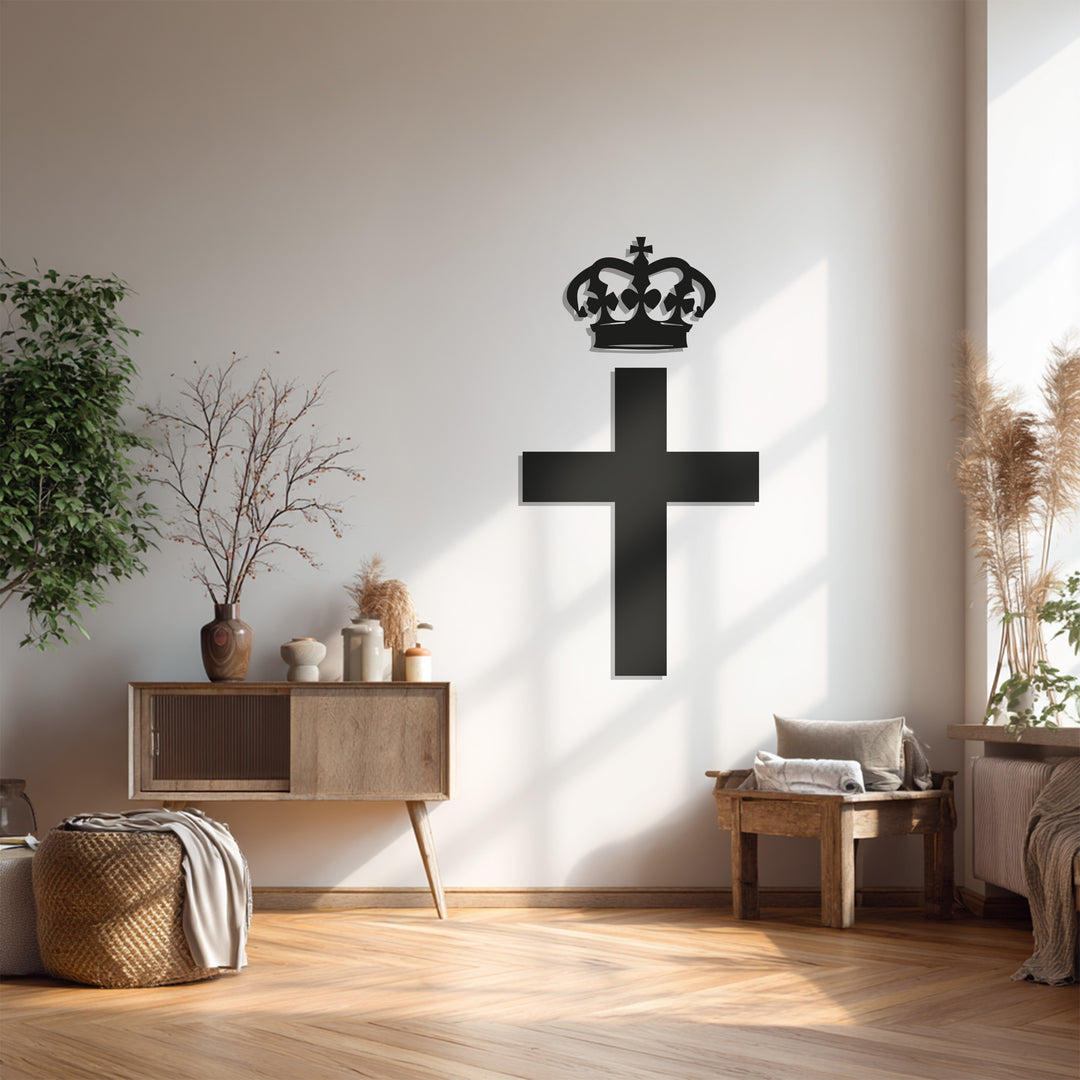 Cross with Crown Metal Wall Art – Black Religious Wall Sculpture