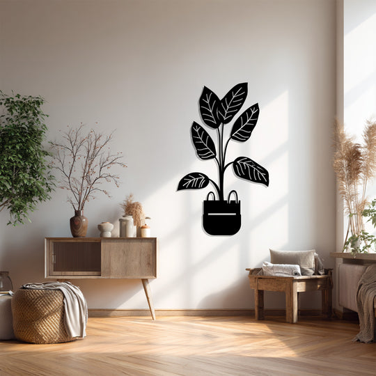 Foreground shows the elegant lines of the potted plant decoration wall art, a minimalist metal botanical piece, adding a modern touch to the room's decor.