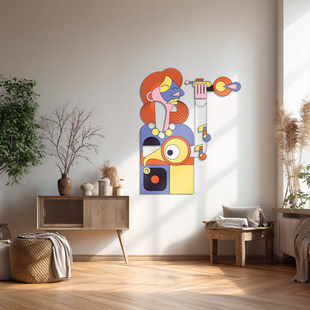 Cubist Woman with Trumpet Metal Wall Art – Abstract Musical Expression Decor