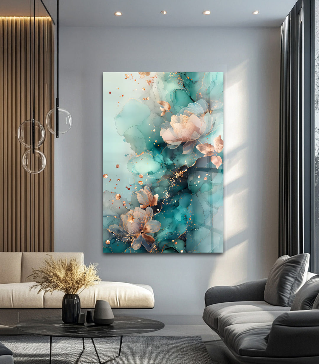 Golden Petals in Aqua Mist – Abstract Floral Glass Wall Art