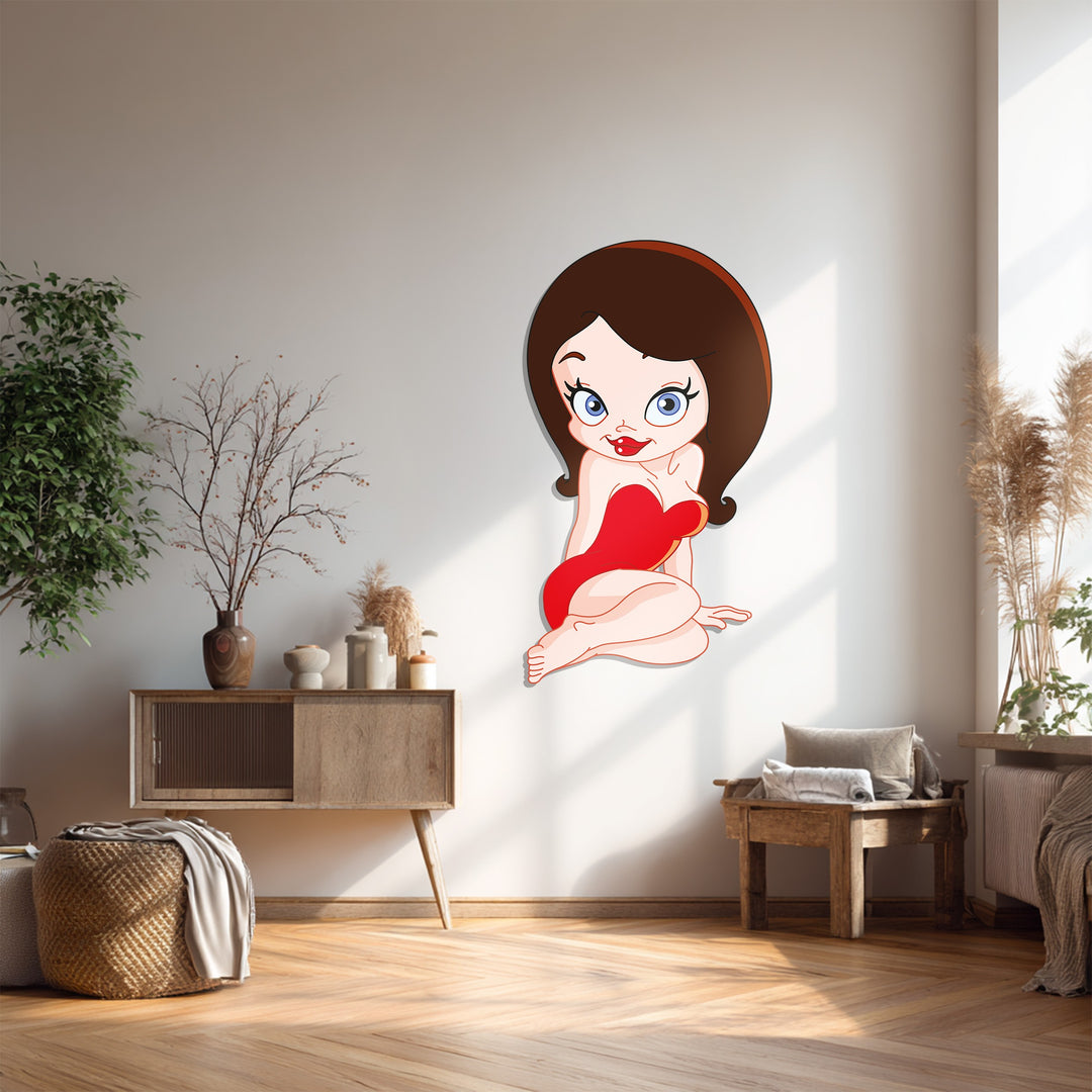 Cartoon Woman Metal Wall Art – Playful Red Dress Modern Wall Decor