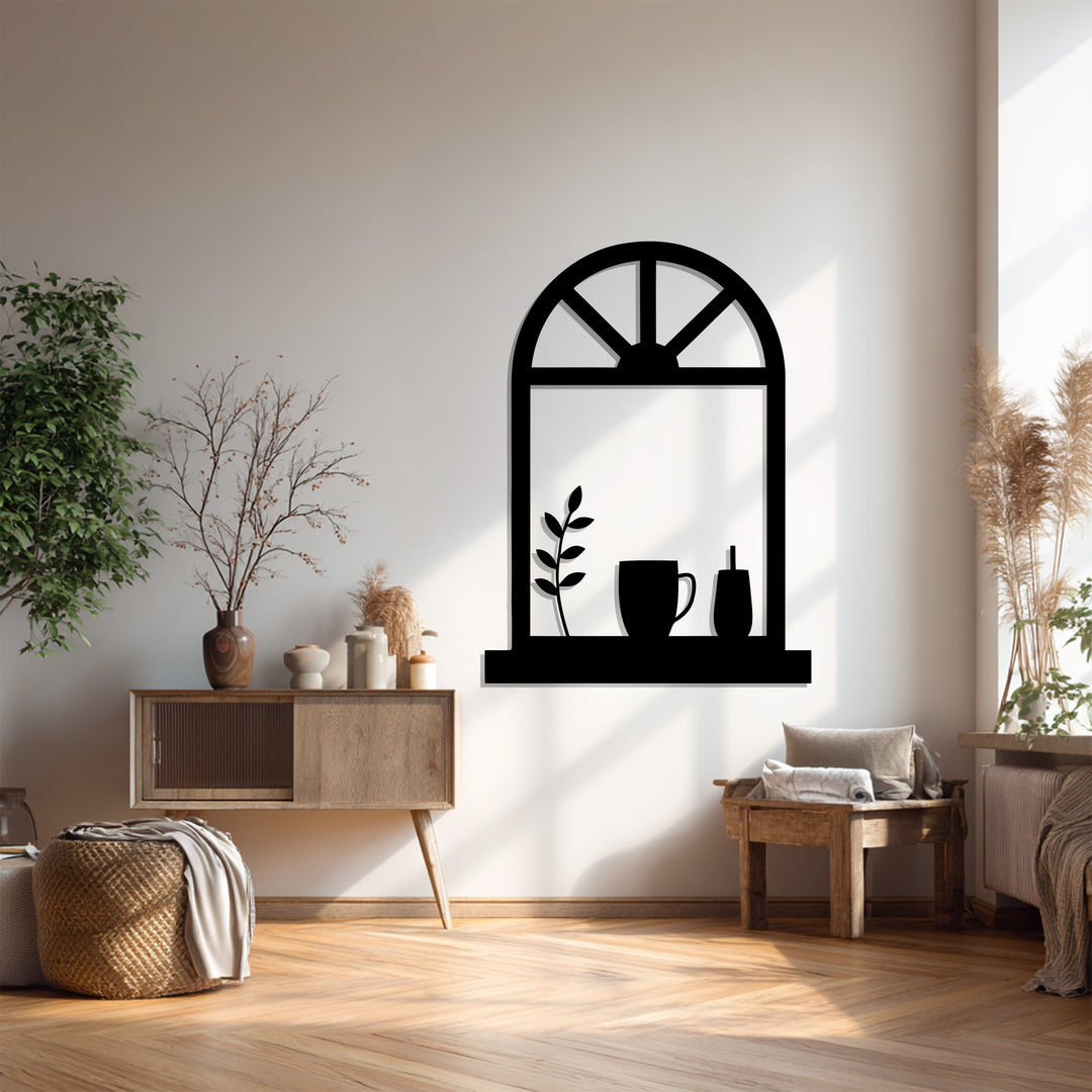 Cozy Window Scene – Coffee Mug & Plant Metal Wall Art