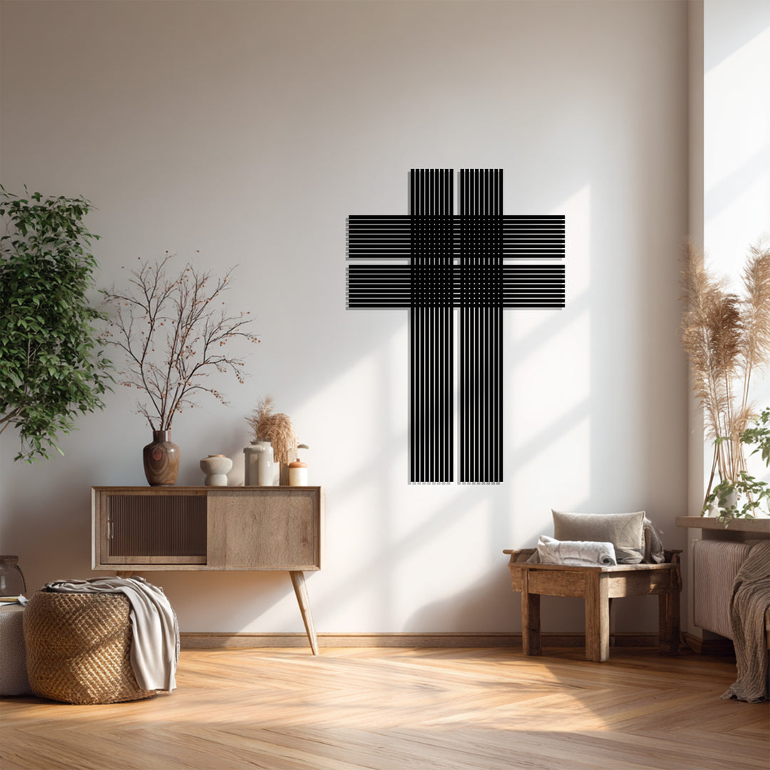 التوازن السماوي – صليب فضي خطي فن جداري معدني