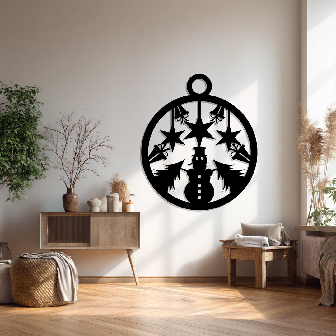 بهجة النجوم - رجل الثلج وأشجار عيد الميلاد فن جداري معدني