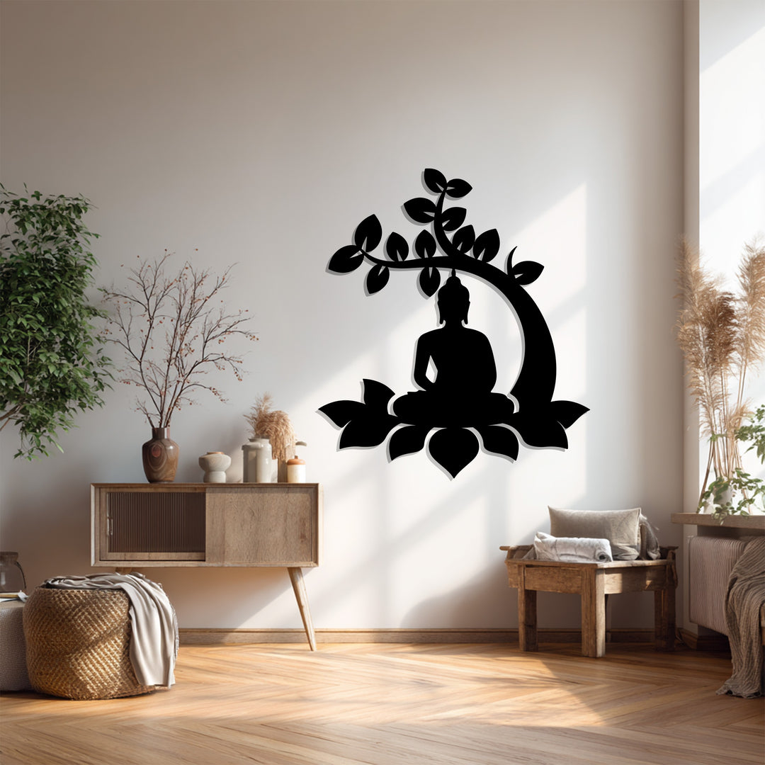 Bodhi Tree Buddha Metal Wall Art – Meditative Lotus Silhouette