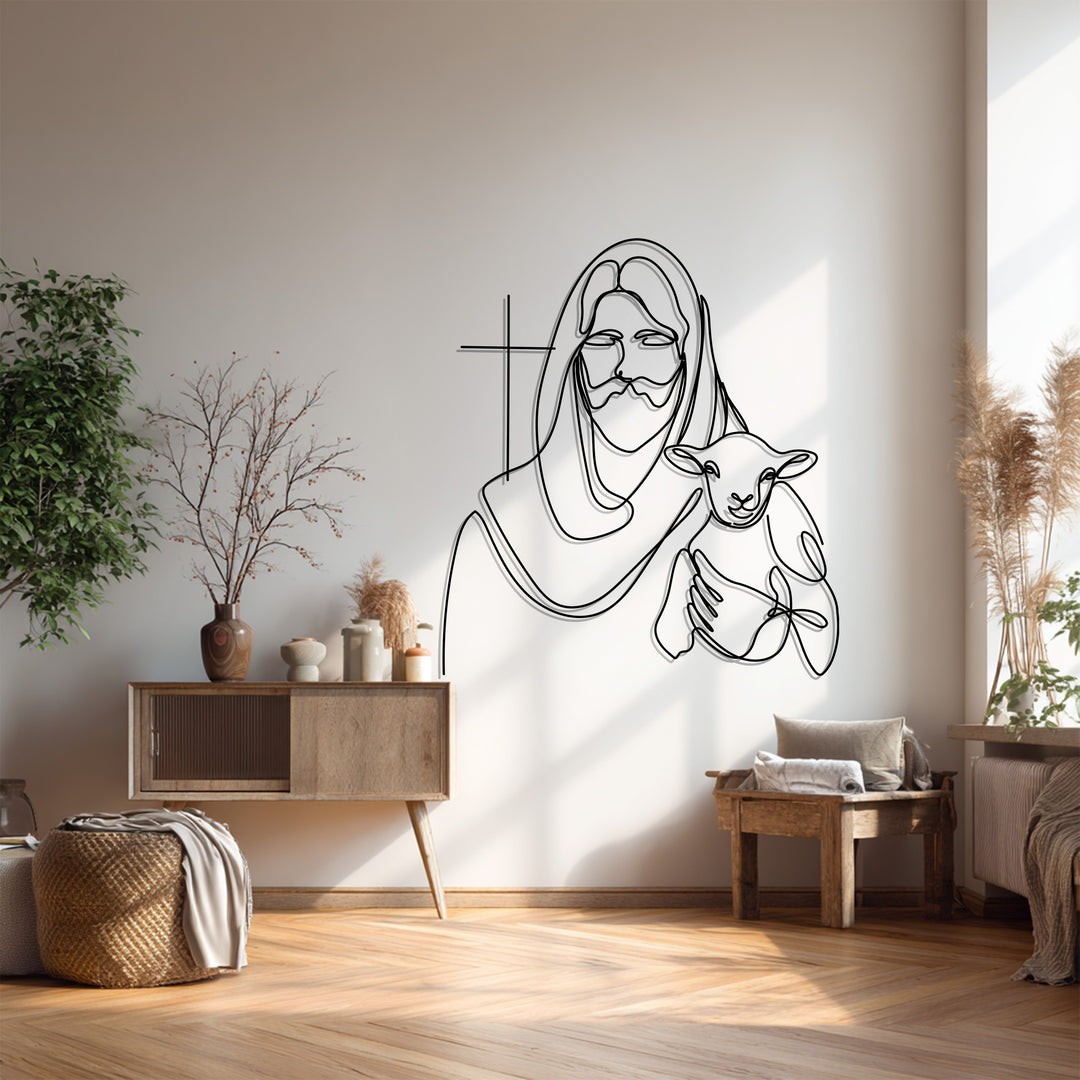 Jesus with Lamb – Minimalist Christian Metal Wall Art
