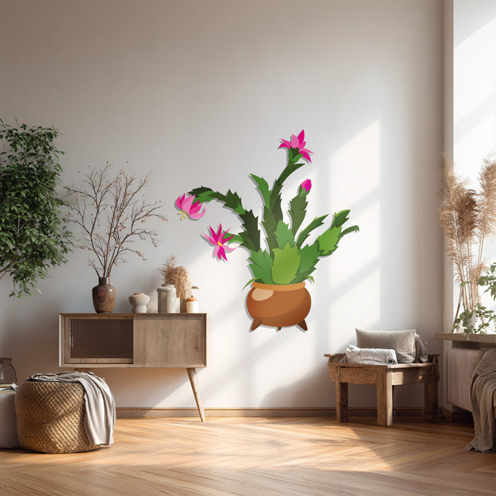 Observing the transition between colors, this unique metal wall art presents a vibrant blooming pink cactus with its verdant green segments and striking pink blossoms.