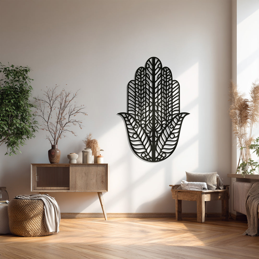 Hamsa Hand Metal Wall Art – Black Geometric Wall Sculpture