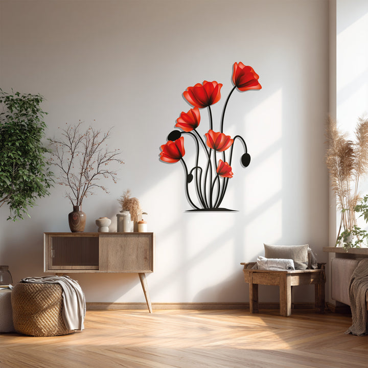 Illuminated by natural light, the bright wall showcases a red poppy flowers metal artwork, a striking piece of modern floral botanical wall decor.