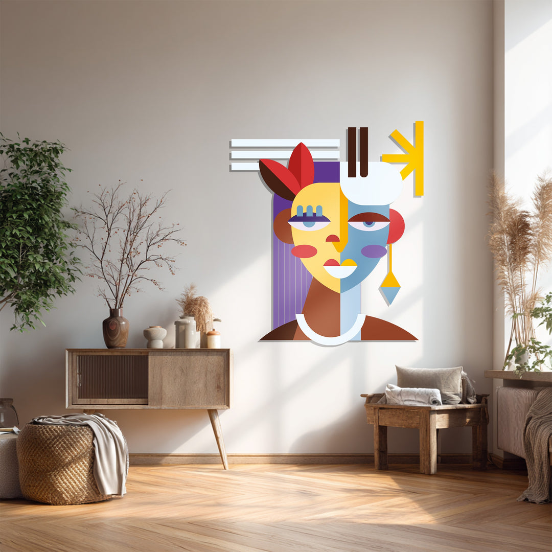 Abstract Woman Face Metal Wall Art – Colorful Modern Cubist Home Decor