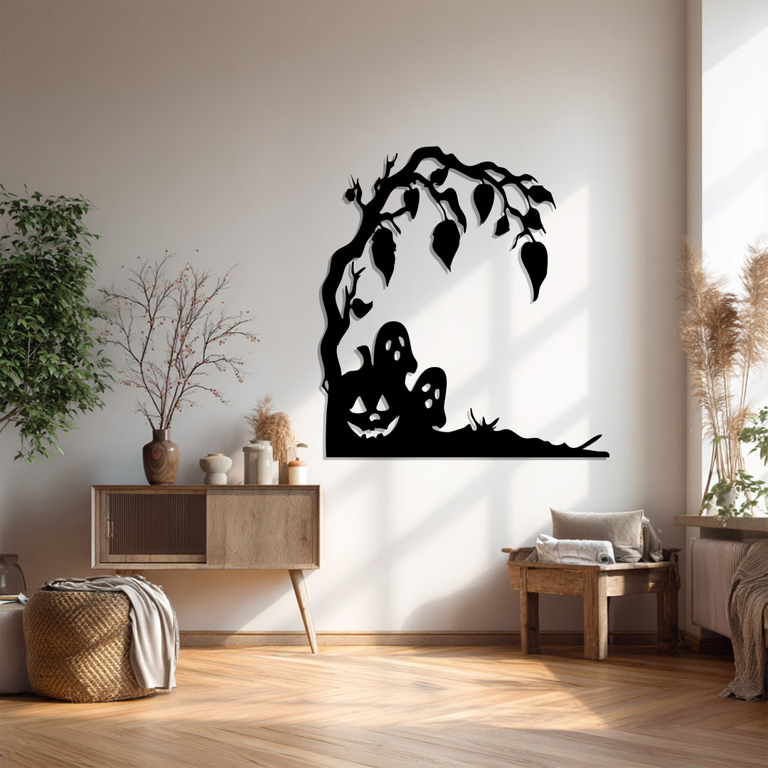 Haunted Pumpkin & Ghosts Metal Wall Art – Spooky Halloween Décor