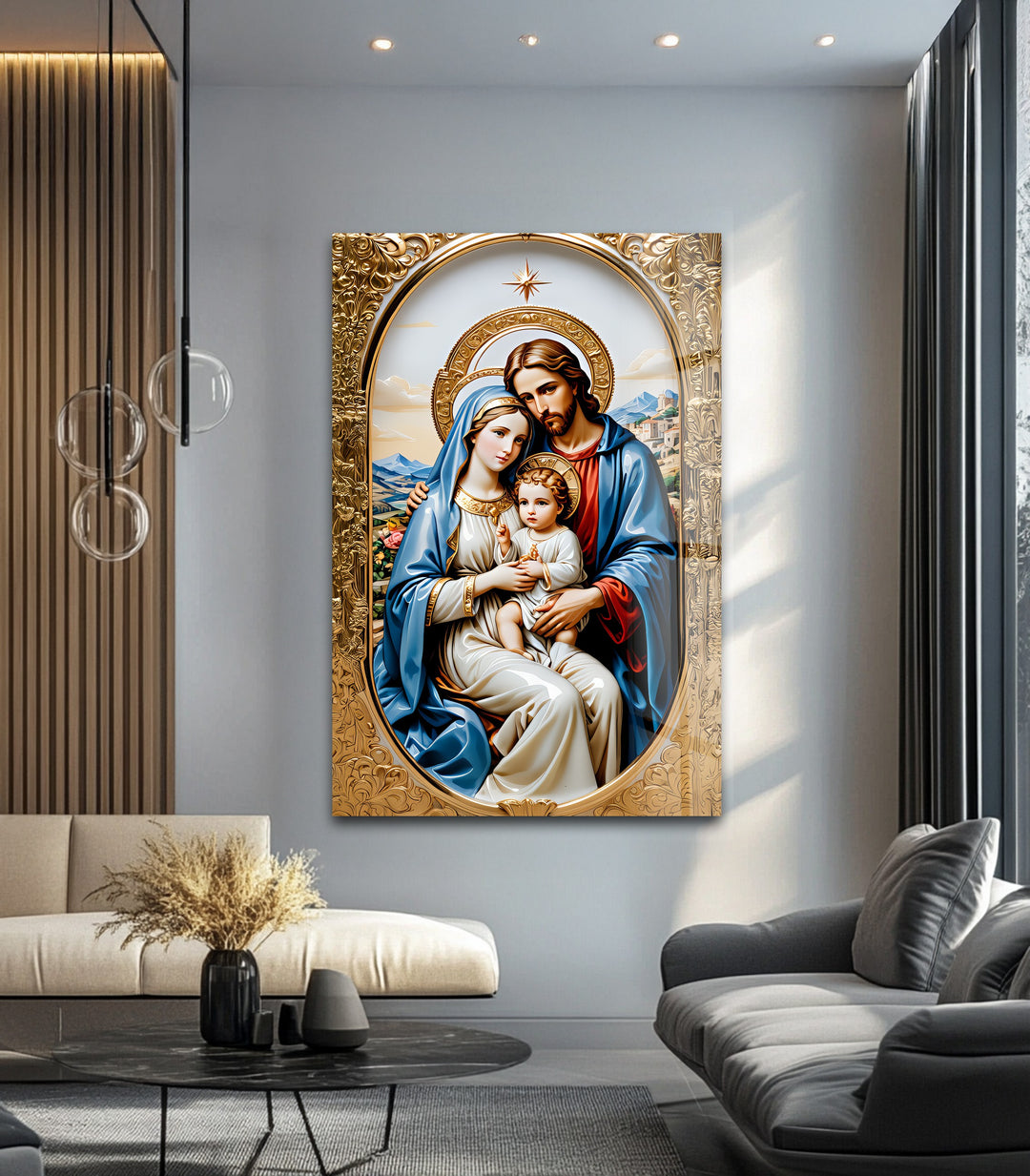Holy Family in Gold – Christian Glass Wall Art