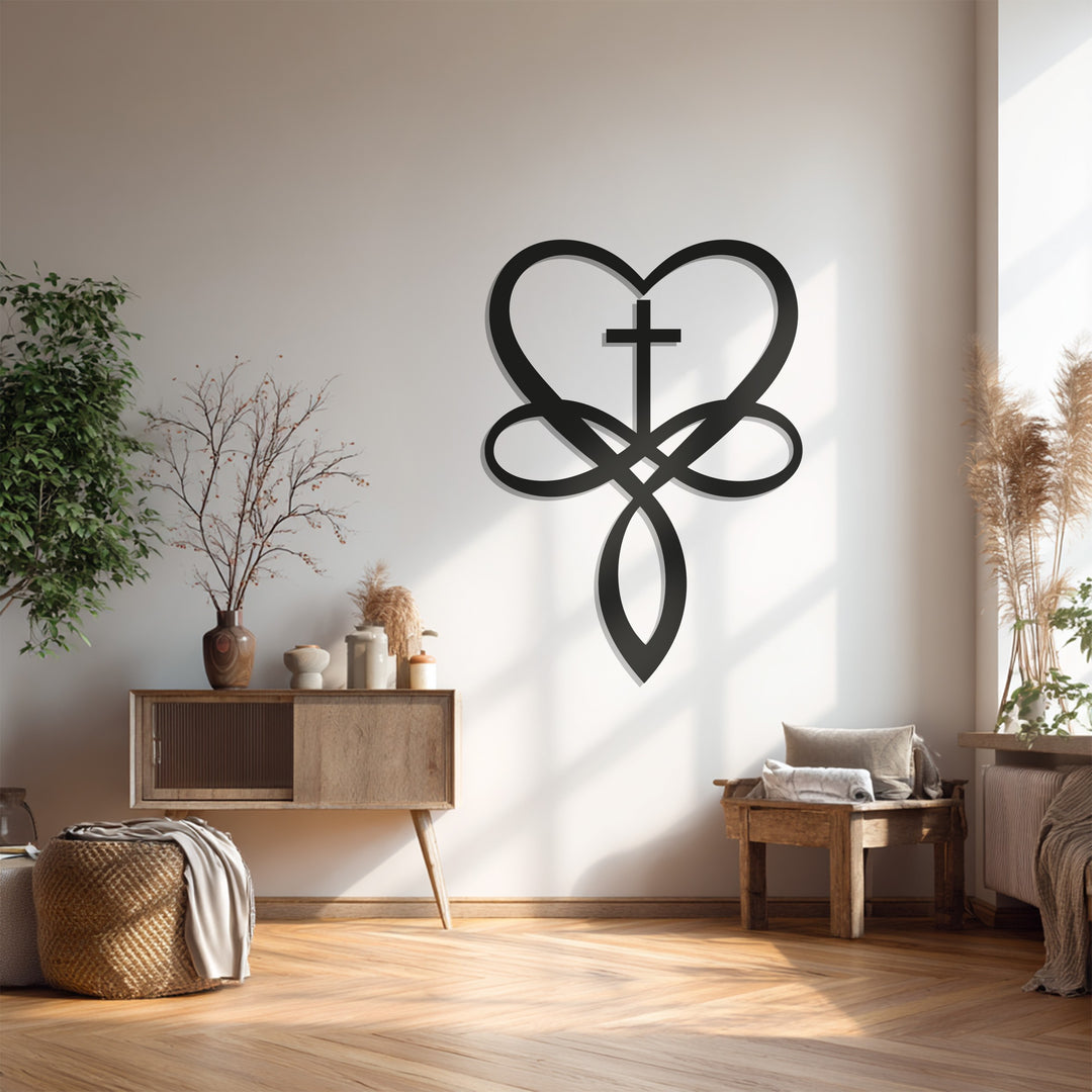 Heart Cross Metal Wall Art – Black Religious Wall Sculpture