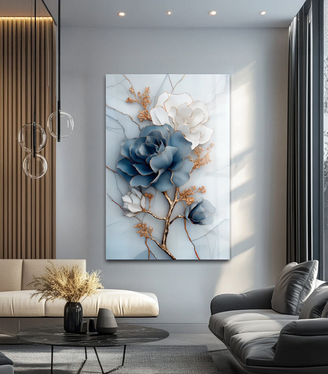 Blue Bloom Harmony – Elegant Floral Glass Wall Art