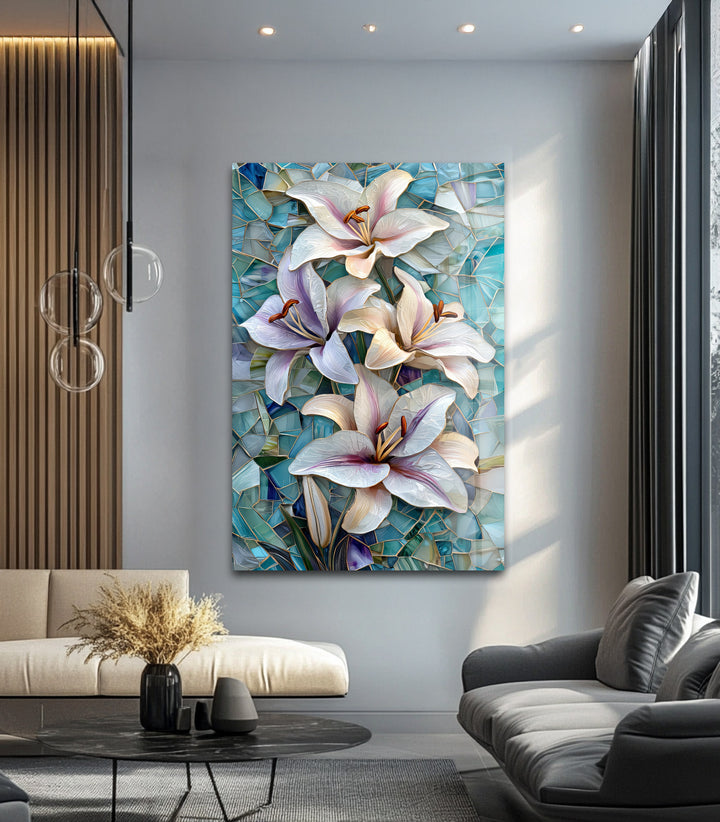 Ocean Lilies – Blue Mosaic Floral Glass Wall Art