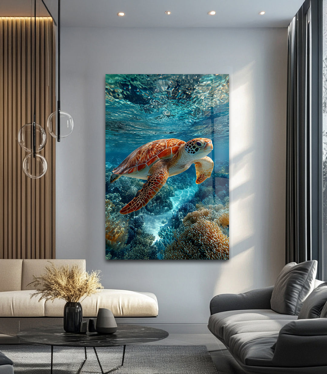 Graceful Voyager – Sea Turtle Underwater Glass Wall Art