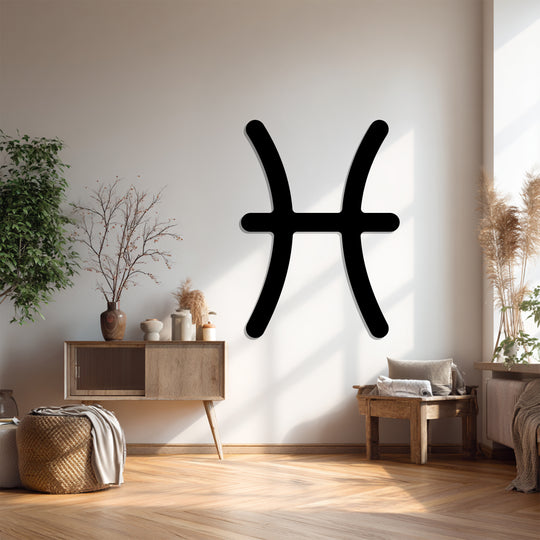 Layering effect shown with a unique metal wall art of the Pisces zodiac symbol creating depth against the neutral wall.