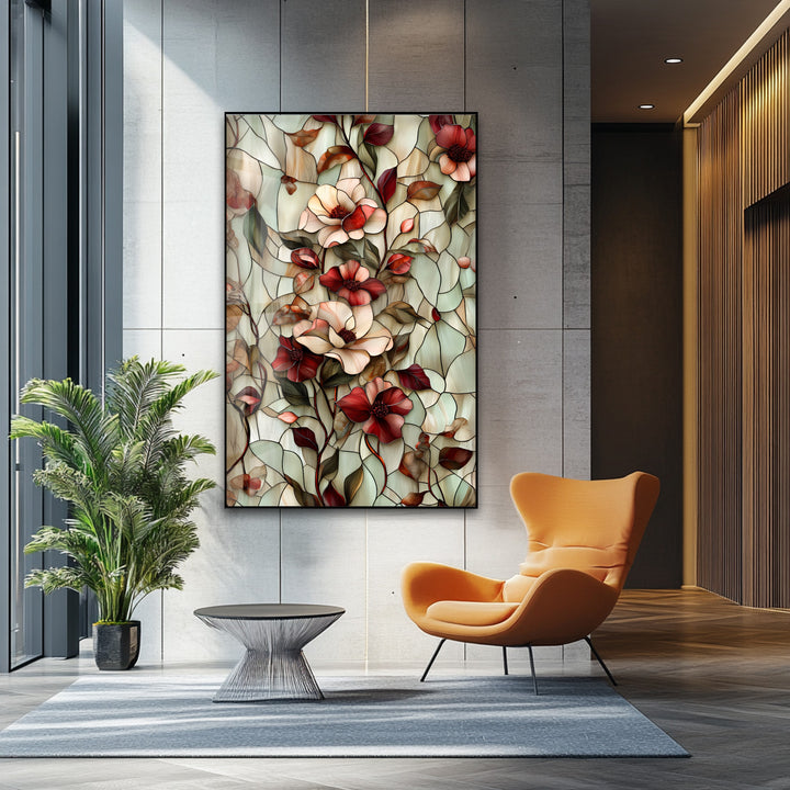 Crimson Bloom Harmony – Stained Floral Glass Wall Art