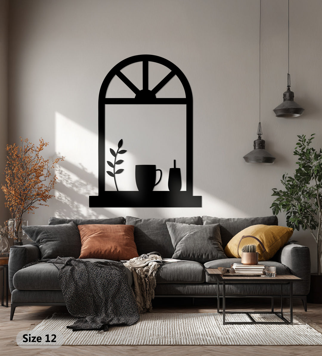 Cozy Window Scene – Coffee Mug & Plant Metal Wall Art